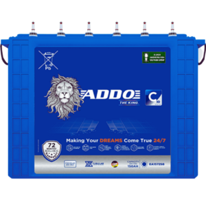 Alt text: ADDO 150AH Short Tubular Battery EA150JST with 48-month warranty, featuring a blue design and lion logo.