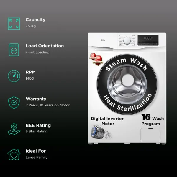 TCL 7.5 kg 5 Star Inverter Fully Automatic Front Load Washing Machine (TWF75-P6S, Honeycomb Drum, White) - Image 2