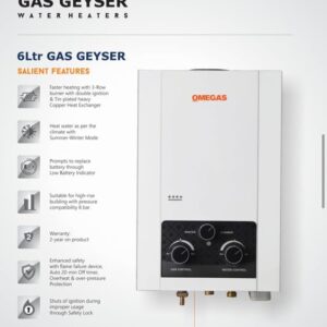 OMEGA'S Gas Geyser Water Heater Geyser 6-L 5 Star Rated Glass Lined Storage Water Geyser (White and Black)