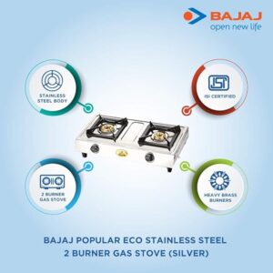 Bajaj Popular Eco, 2-Burner Open Stainless Steel, ISI Certified, Gas Stove (Silver, Black)