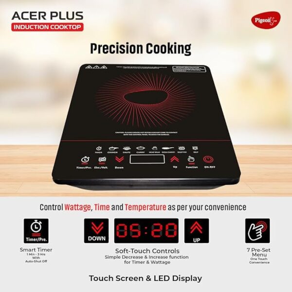 Pigeon By Stovekraft 14429 Acer Plus 1800 Watt Induction Cooktop with Feather Touch Control, Induction Stove comes with 8 Preset Menus and Auto-Shut Off features (Black) - Image 3