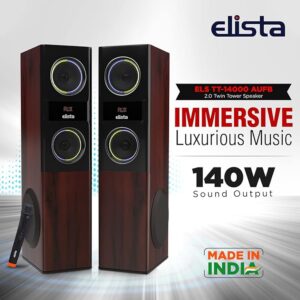 Elista ELS TT-14000 AUFB 140 W Bluetooth Twin Tower Speaker with USB/FM/AUX | Fully Functional Remote |with Wireless MIC | Black |