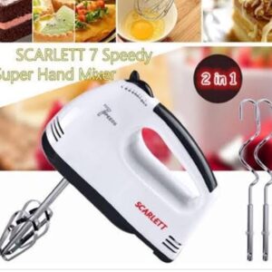 Scarlett Hand Mixer - 7 Speed Egg Beater with Chrome Beater + Dough Hook 180 W Electric Whisk, Hand Blender (White)