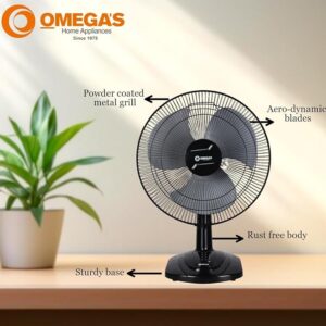 Omega's Raftaar 16 inch Table Fan with Aerodynamic Blades | High Speed | Rust Free | Sweep-400 mm | RPM-2100 | 2 yr Warranty, (Dark Grey)