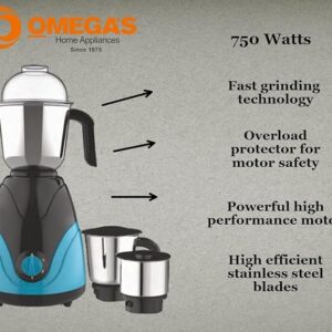 Omega's Bullet Powerfull Grinding | Heavy Duty Operation | Low Noise Operaton | Mixer Grinder 750 W, 3 Jars (Sea green)