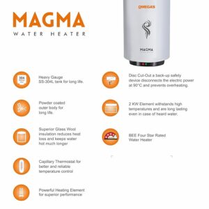 Omega's Magma 10 L Storage Water Heater with Rust proof body and Thermal Cut Out, 4 star, White