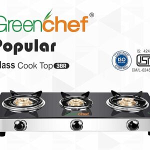 GREENCHEF Popular Glass cook top 3 Burner Gas stove,Stainless Steel Body (Manual Ignition)