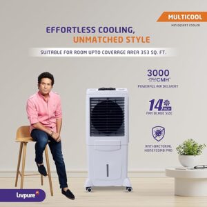 Livpure Multicool Mini Desert Air Cooler- 60L | Cooler with High Air Delivery, Honeycomb Pads, Multi-Directional Wheels | Room Cooler with Inverter Compatibility| 2 year Warranty by Livpure