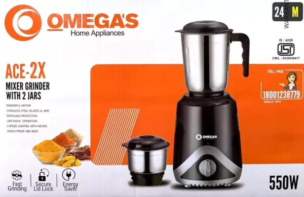 OMEGA'S ACE 550 W Mixer Grinder  (ACE-2X Low noise operation | 2 Jars | Black) - Image 2