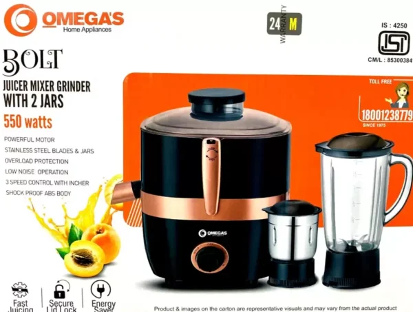 OMEGA'S BOLT 550 W Juicer Mixer Grinder  (BOLT 550 W with Fast juicing | 2 Jars | Black) - Image 2
