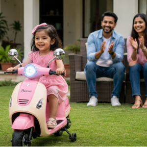 Kids Premium Electric Vespa Scooter with Parent Handle | 12V Battery Ride-On Scooter for Kids (Pink)