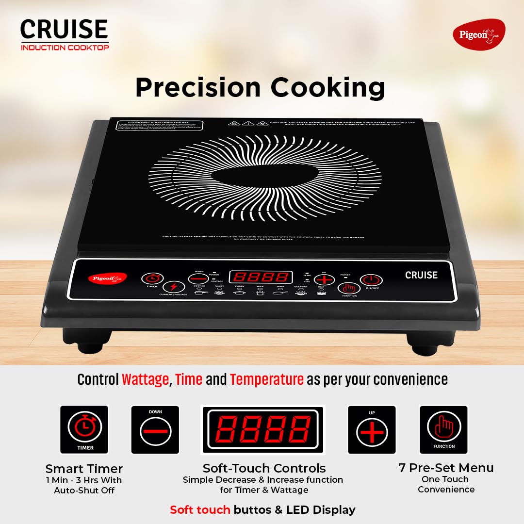 Pigeon by Stovekraft Cruise 1800 watt Induction Cooktop With Crystal Glass,7 Segments LED Display, Auto Switch Off - Black - Image 5