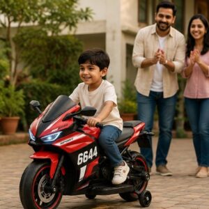 6644 Premium Kids Electric Bike | 12V Battery Operated Ride-On Sports Bike with LED Lights, Music & Training Wheels