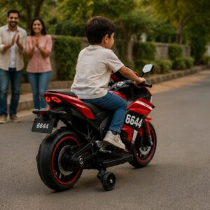 6644 Premium Kids Electric Bike | 12V Battery Operated Ride-On Sports Bike with LED Lights, Music & Training Wheels