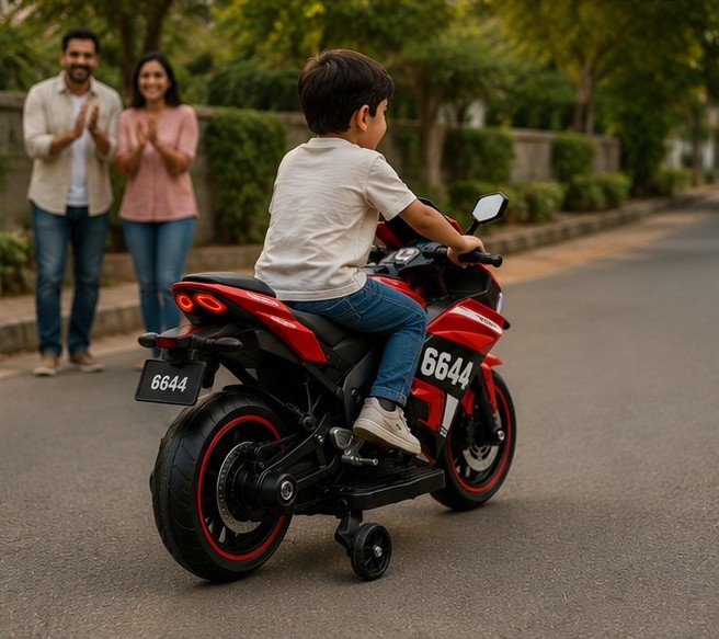 6644 Premium Kids Electric Bike | 12V Battery Operated Ride-On Sports Bike with LED Lights, Music & Training Wheels - Image 7
