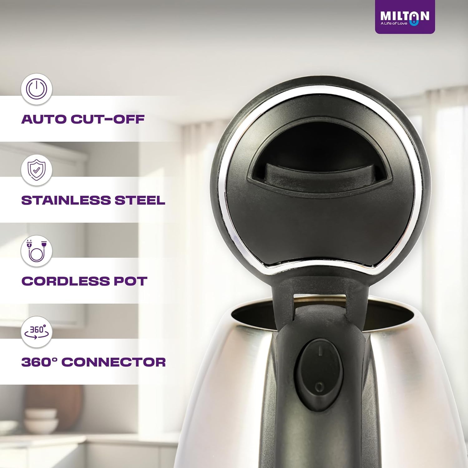 Milton Rapid Electric Kettle 1.8L | 1500 Watts | Stainless Steel Hot Water portable Electric Kettle for Home, Office - Image 3