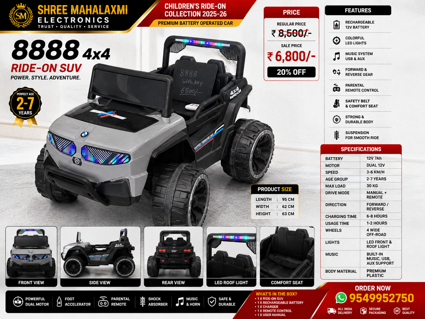 8888 Premium 4x4 Battery Operated Ride-On SUV for Kids (12V, LED Lights, Music & Remote Control)
