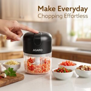 AGARO Elite Rechargeable Mini Electric Chopper, Food Grade Bowl, Stainless Steel Blades, Rechargeable, One Touch Operation, for Chopping Garlic, Ginger, Onion, Vegetable, Nuts, 250 Ml, Black