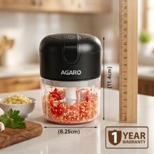 AGARO Elite Rechargeable Mini Electric Chopper, Food Grade Bowl, Stainless Steel Blades, Rechargeable, One Touch Operation, for Chopping Garlic, Ginger, Onion, Vegetable, Nuts, 250 Ml, Black