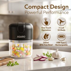 AGARO Elite Rechargeable Mini Electric Chopper, Food Grade Bowl, Stainless Steel Blades, Rechargeable, One Touch Operation, for Chopping Garlic, Ginger, Onion, Vegetable, Nuts, 250 Ml, Black