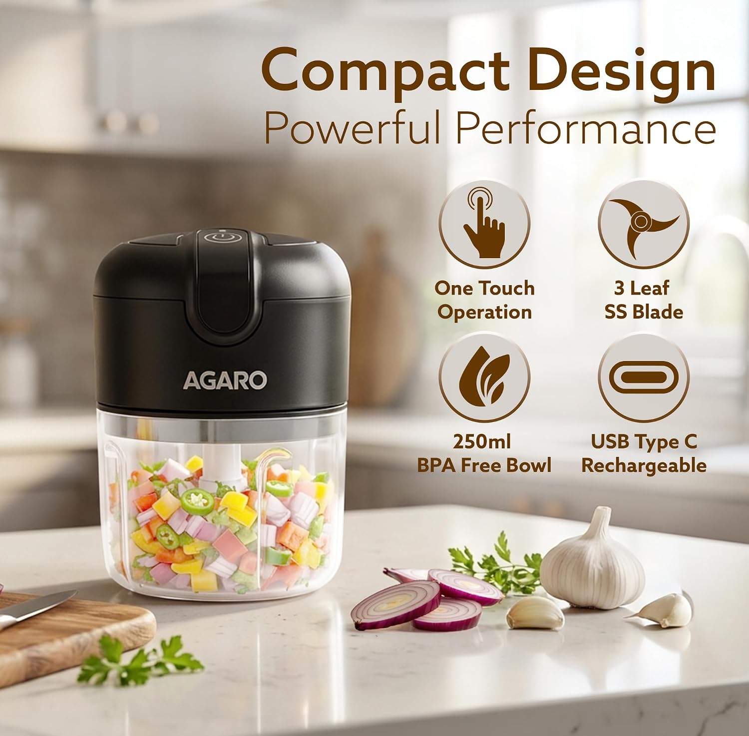 AGARO Elite Rechargeable Mini Electric Chopper, Food Grade Bowl, Stainless Steel Blades, Rechargeable, One Touch Operation, for Chopping Garlic, Ginger, Onion, Vegetable, Nuts, 250 Ml, Black - Image 7