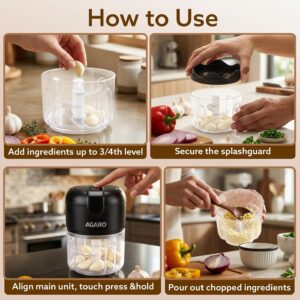 AGARO Elite Rechargeable Mini Electric Chopper, Food Grade Bowl, Stainless Steel Blades, Rechargeable, One Touch Operation, for Chopping Garlic, Ginger, Onion, Vegetable, Nuts, 250 Ml, Black