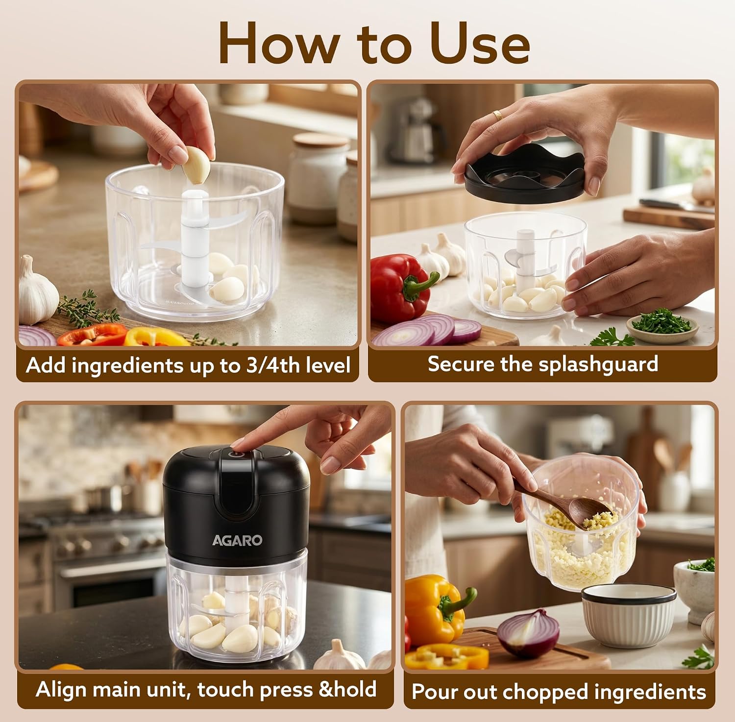AGARO Elite Rechargeable Mini Electric Chopper, Food Grade Bowl, Stainless Steel Blades, Rechargeable, One Touch Operation, for Chopping Garlic, Ginger, Onion, Vegetable, Nuts, 250 Ml, Black - Image 5