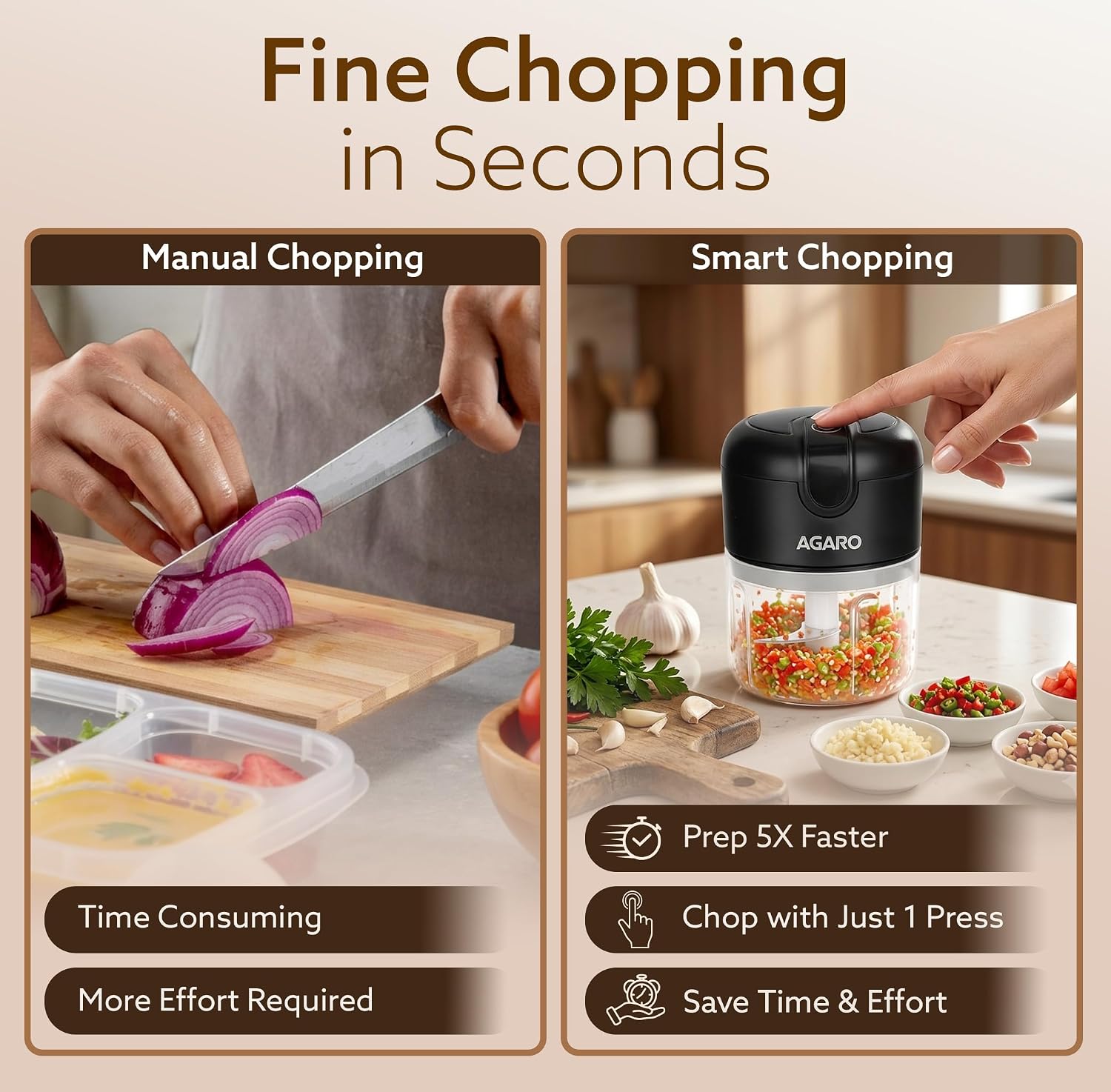 AGARO Elite Rechargeable Mini Electric Chopper, Food Grade Bowl, Stainless Steel Blades, Rechargeable, One Touch Operation, for Chopping Garlic, Ginger, Onion, Vegetable, Nuts, 250 Ml, Black - Image 4