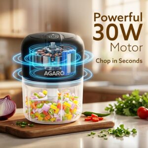 AGARO Elite Rechargeable Mini Electric Chopper, Food Grade Bowl, Stainless Steel Blades, Rechargeable, One Touch Operation, for Chopping Garlic, Ginger, Onion, Vegetable, Nuts, 250 Ml, Black