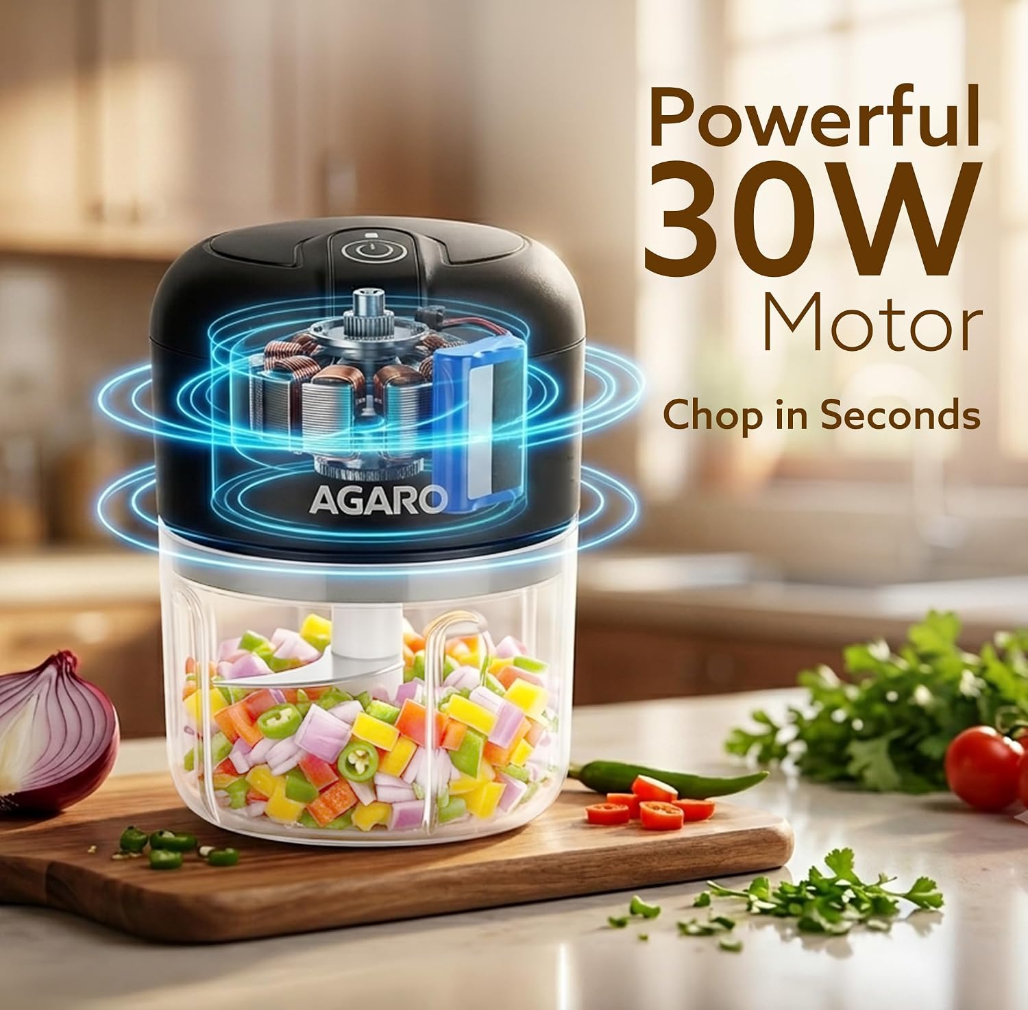 AGARO Elite Rechargeable Mini Electric Chopper, Food Grade Bowl, Stainless Steel Blades, Rechargeable, One Touch Operation, for Chopping Garlic, Ginger, Onion, Vegetable, Nuts, 250 Ml, Black - Image 3