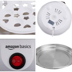 amazon basics Electric Egg Boiler | 350 Watt | Boils Upto 7 Eggs | Automatic Operation, 3 Boiling Modes | Overheat Protection | Stainless Steel Heating Plate, Measuring Cup | 75ml | Plastic | White