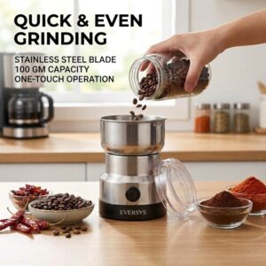 andrew james Spice Grinder Electric 150W | Mini Mixer Grinder Small Size for Coffee Beans, Masala & Dry Grinding | EVERSYS Portable Mini Grinders Machine for Kitchen with Approx. 100g Capacity
