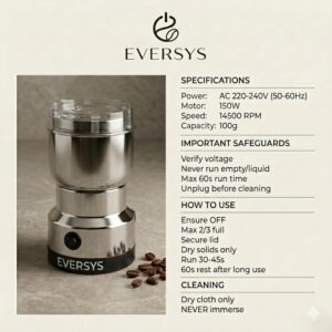 andrew james Spice Grinder Electric 150W | Mini Mixer Grinder Small Size for Coffee Beans, Masala & Dry Grinding | EVERSYS Portable Mini Grinders Machine for Kitchen with Approx. 100g Capacity