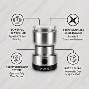 andrew james Spice Grinder Electric 150W | Mini Mixer Grinder Small Size for Coffee Beans, Masala & Dry Grinding | EVERSYS Portable Mini Grinders Machine for Kitchen with Approx. 100g Capacity