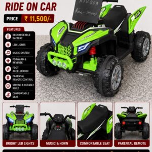 ATV 909 Kids Battery Operated Ride-On Quad Bike with Remote Control, LED Lights & Music (Green)
