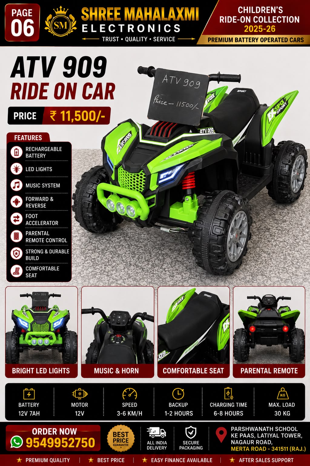 ATV 909 Kids Battery Operated Ride-On Quad Bike with Remote Control, LED Lights & Music (Green) - Image 2