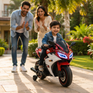 R15 Sports Bike Ride-On for Kids | Premium 12V Battery Operated Kids Electric Bike with LED Lights & Music System (Red & White)