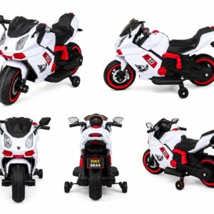 Bike 6644 Kids Electric Bike 12V Battery Operated Ride-On Sports Bike with LED Lights, Music & Training Wheels (White/Red)