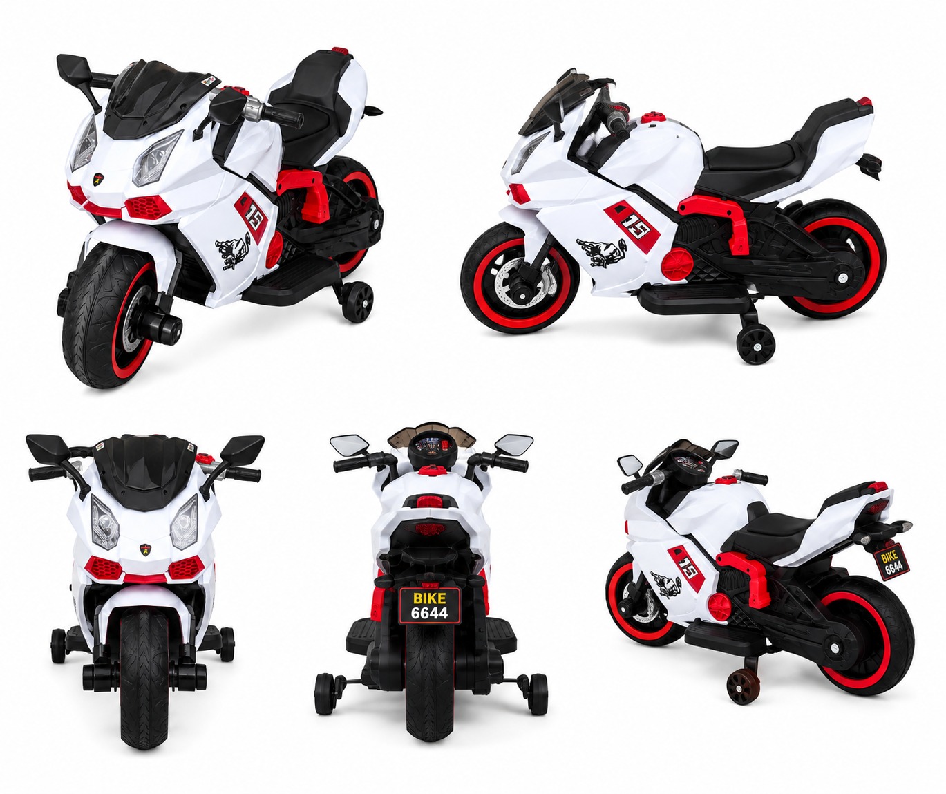 Bike 6644 Kids Electric Bike 12V Battery Operated Ride-On Sports Bike with LED Lights, Music & Training Wheels (White/Red) - Image 3