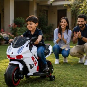 Bike 6644 Kids Electric Bike 12V Battery Operated Ride-On Sports Bike with LED Lights, Music & Training Wheels (White/Red)