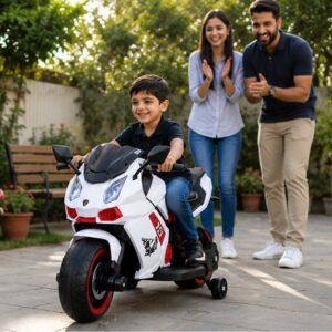 Bike 6644 Kids Electric Bike 12V Battery Operated Ride-On Sports Bike with LED Lights, Music & Training Wheels (White/Red)