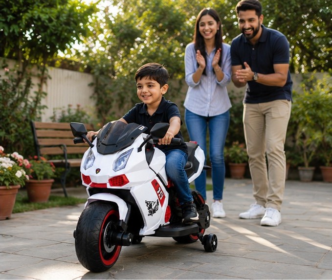 Bike 6644 Kids Electric Bike 12V Battery Operated Ride-On Sports Bike with LED Lights, Music & Training Wheels (White/Red) - Image 6