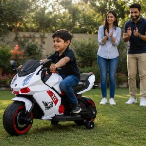 Bike 6644 Kids Electric Bike 12V Battery Operated Ride-On Sports Bike with LED Lights, Music & Training Wheels (White/Red)