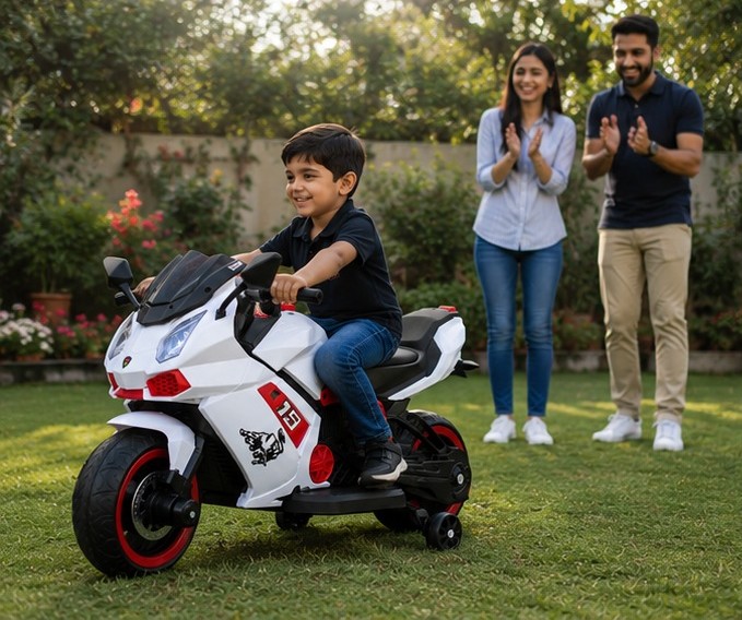 Bike 6644 Kids Electric Bike 12V Battery Operated Ride-On Sports Bike with LED Lights, Music & Training Wheels (White/Red) - Image 7