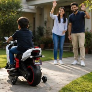Bike 6644 Kids Electric Bike 12V Battery Operated Ride-On Sports Bike with LED Lights, Music & Training Wheels (White/Red)