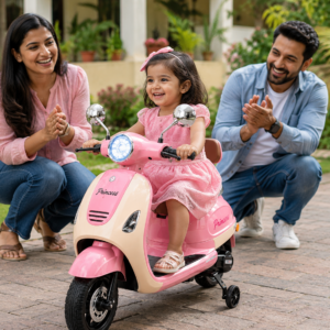 Kids Premium Electric Vespa Scooter with Parent Handle | 12V Battery Ride-On Scooter for Kids (Pink)