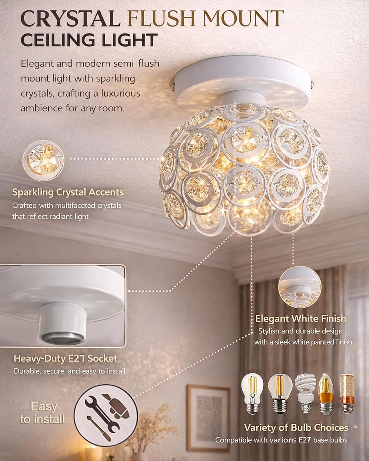 Homesake® Crystal Flush Mount Ceiling Light | Decorative Ceiling Lamp for Hallway, Bedroom, Living Room, Warm Light Home Decor Fixture, Light Fixture Ceiling Flush Mount (Dual Ring Black) - Image 5