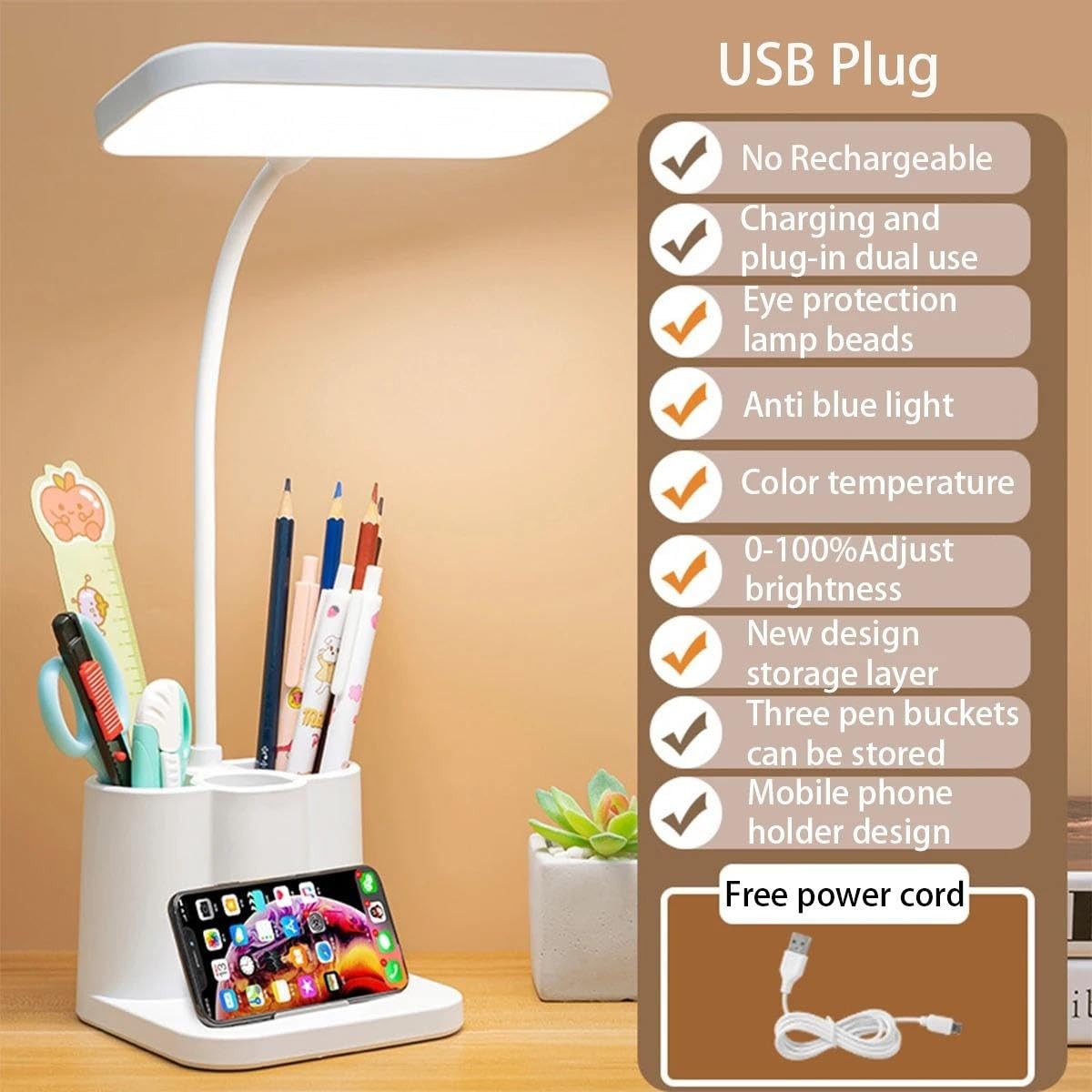 One94Store 3-in-1 LED Desk Lamp with Pen & Phone Holder – USB Rechargeable Study Lamp with Touch Sensor, 3 Light Modes, Eye Protection & Warm White Night Light for Bedroom, Office & Home - Image 2