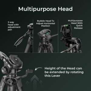 DIGITEK (DTR 550 LW) 67 Inch Foldable Tripod Stand with Phone Holder & 360° Ball Head, 5kg Load Capacity, Aluminum Alloy Legs with Rubberized Feet & Flip Locks, Carry Bag, for Photo & Video Shoots