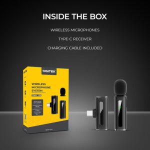 Digitek DWM-010 Mic Wireless with Type-C, Mic for YouTube Wireless Recording, 2.4GHz Wireless Microphone with Noise Reduction, 40m Range, 7H Battery, LED Light Indicator
